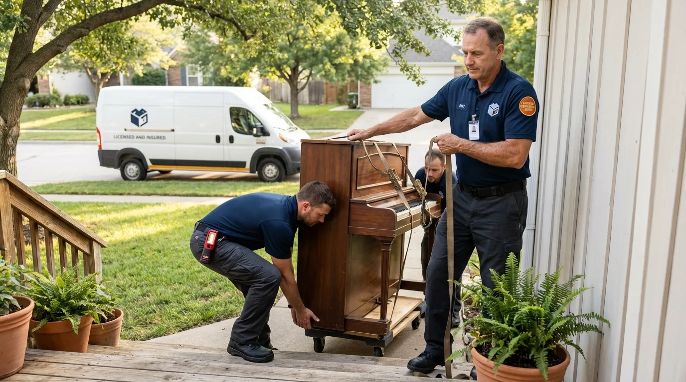 Licensed piano movers securing grand piano in Tuckahoe, NY