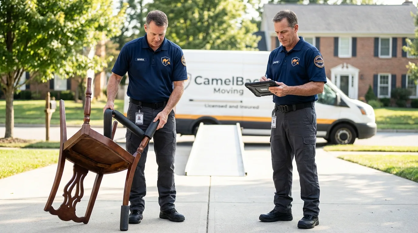 Movers inspecting furniture for damage prevention before loading in Tuckahoe, NY